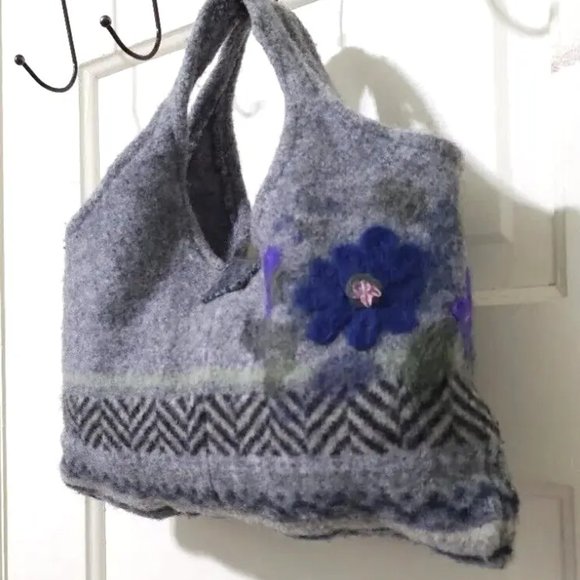 Handmade Gray Purple Felted WOOL Beaded Embroidered Small Hand Bag Tote Purse - Picture 8 of 12